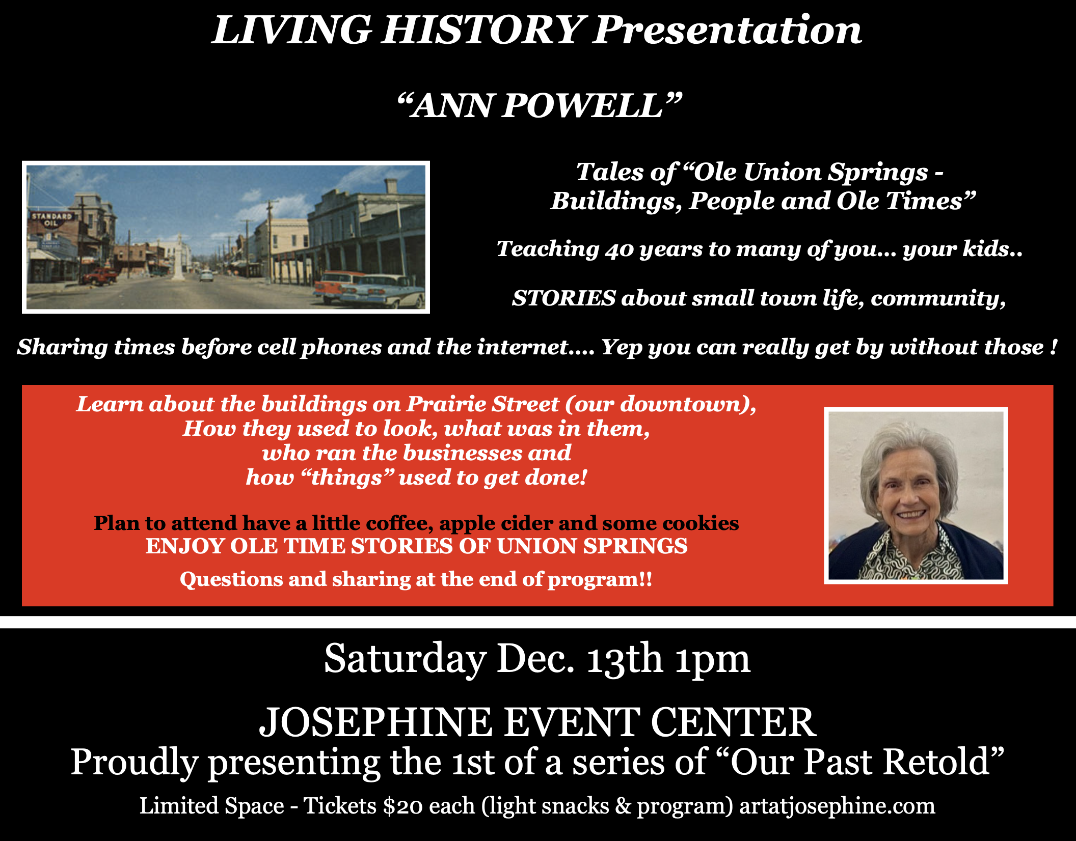 Living History Presentation: Tales of "Ole Union Springs--Buildings, People and Ole Times", presented by Ann Powell